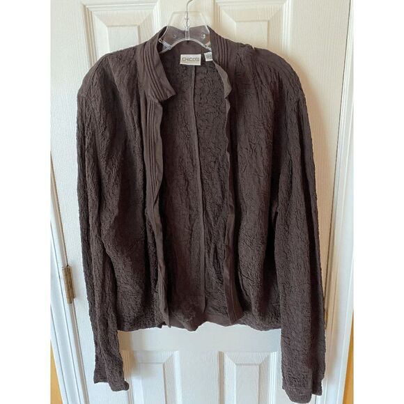 Chico's Womens Open Front Collared Fukuro Cardigan Sweater Brown Sz 1 - Picture 1 of 6